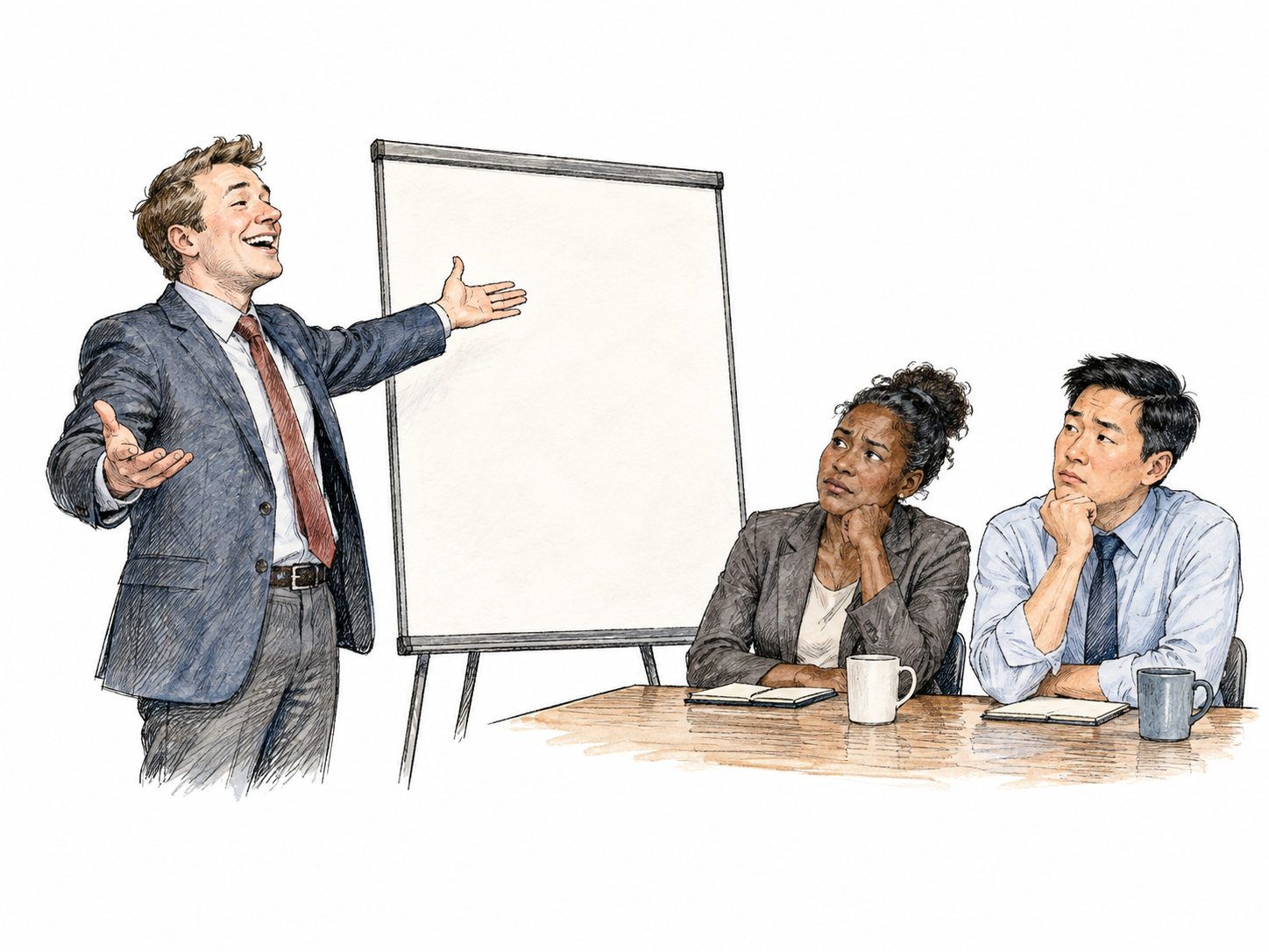 A glib meeting speaker grandly gestures toward a completely blank presentation board, while two listeners look unimpressed at the absence of any substantive proposal.