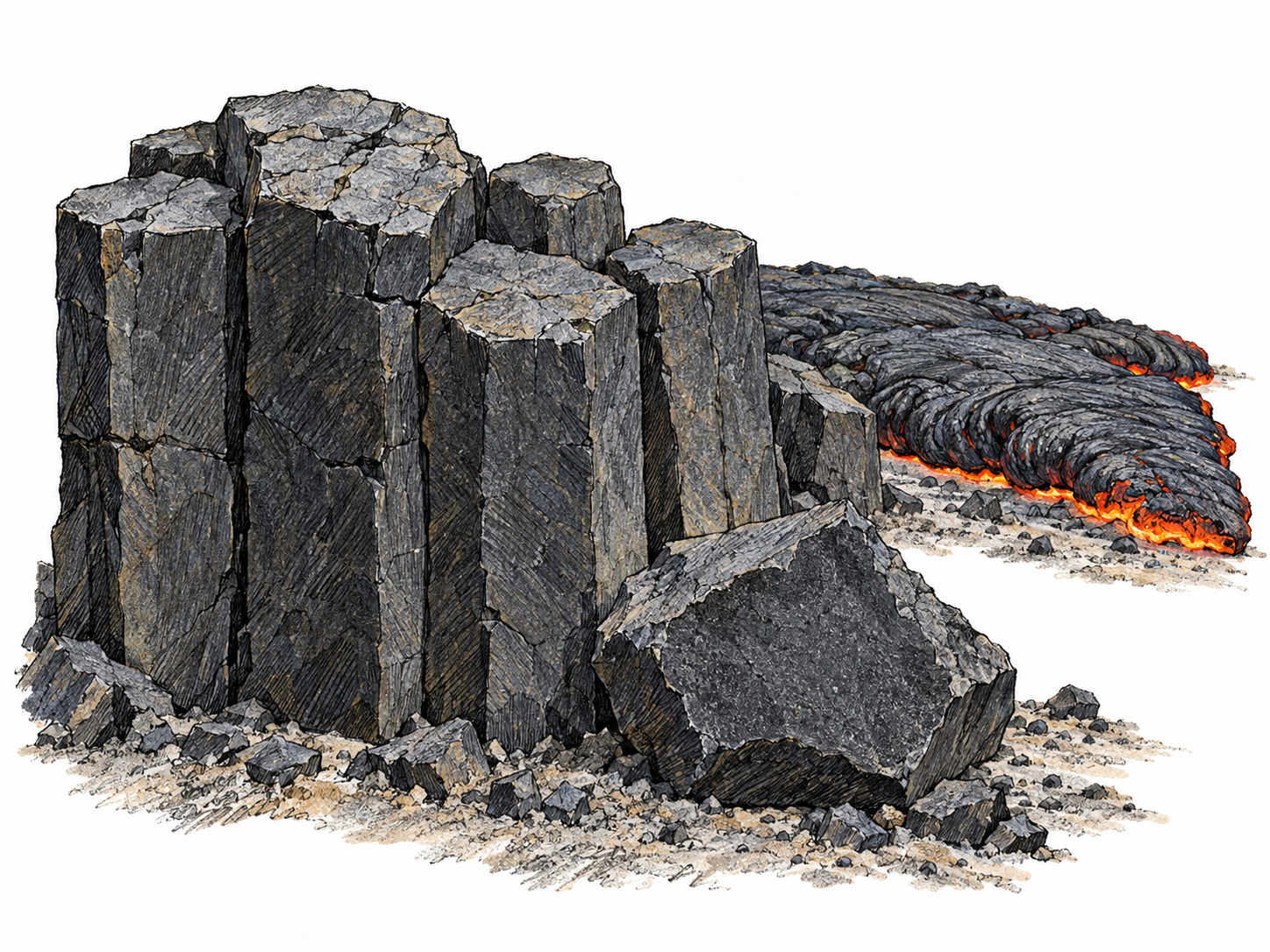 A compact basalt outcrop with dark, tightly fitted polygonal columns and a broken fine-grained chunk in the foreground; a small cooling lava flow behind it establishes its volcanic origin.