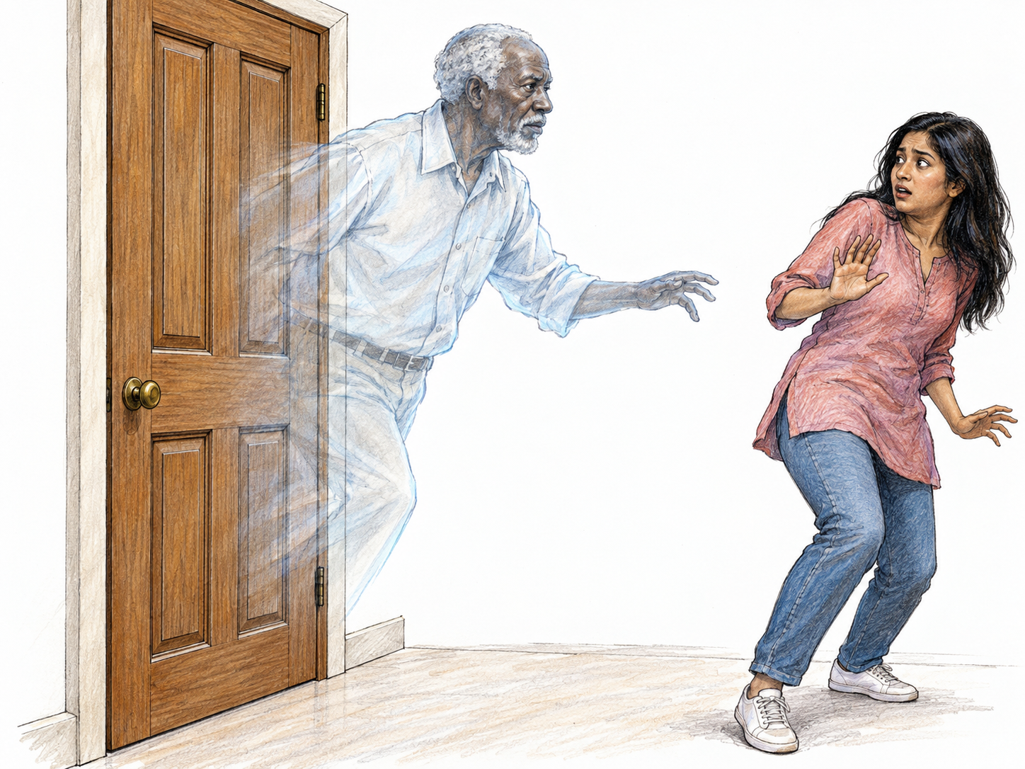 A translucent human ghost passes directly through a solid, closed door while a nearby woman recoils in astonishment.