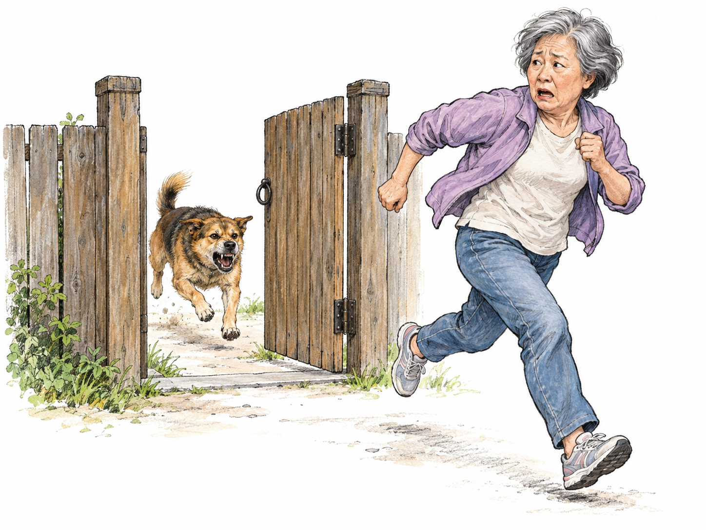 An older woman hurriedly exits through a garden gate, looking back at an angry dog charging toward her from the yard.