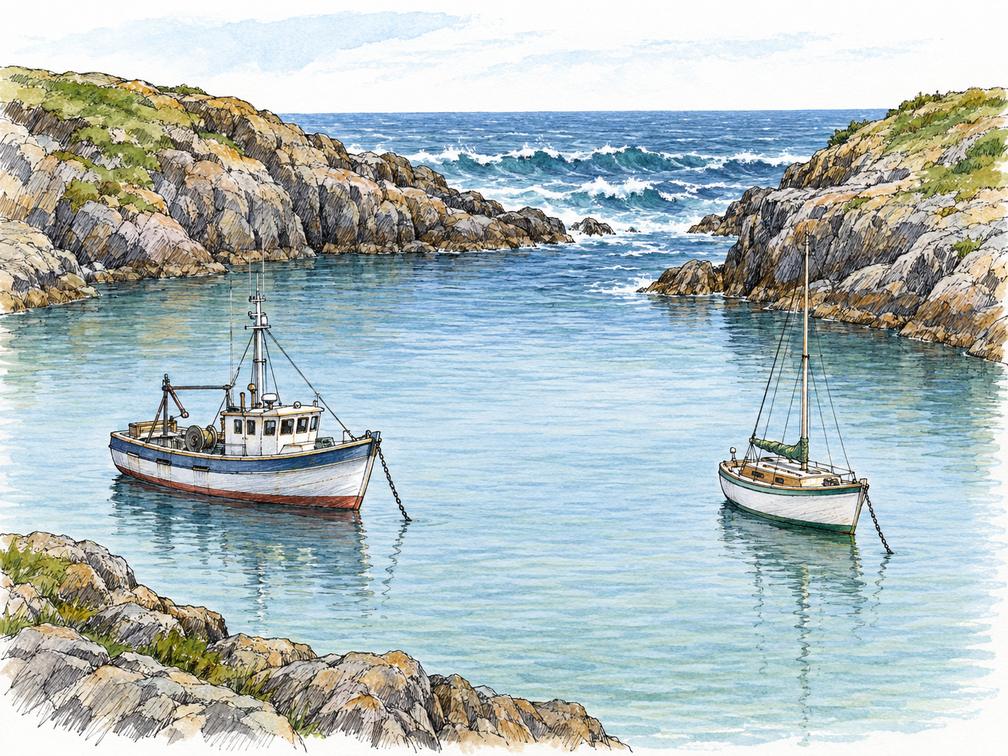 Two small ships lie at anchor in calm water inside a sheltered inlet, protected by curved rocky headlands from choppier water beyond the narrow entrance.