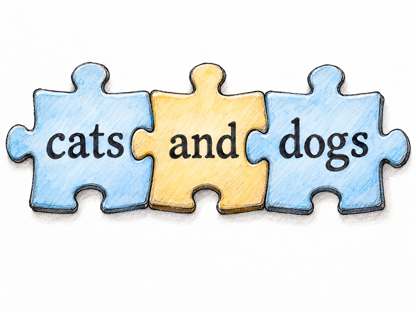 Three interlocking word tiles form the short phrase “cats and dogs.” The central “and” tile visibly joins the two noun tiles, demonstrating a grammatical connecting word rather than merely physical joining.