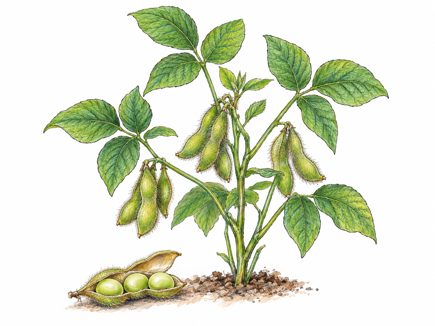 A soybean plant with recognizable trifoliate leaves and clustered pods, beside one opened pod revealing its round beans.