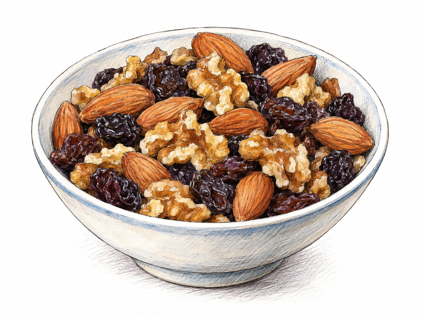 A single shallow bowl of mixed nuts and dried fruit: clearly interspersed almonds, walnut pieces and dark raisins throughout the same bowl.