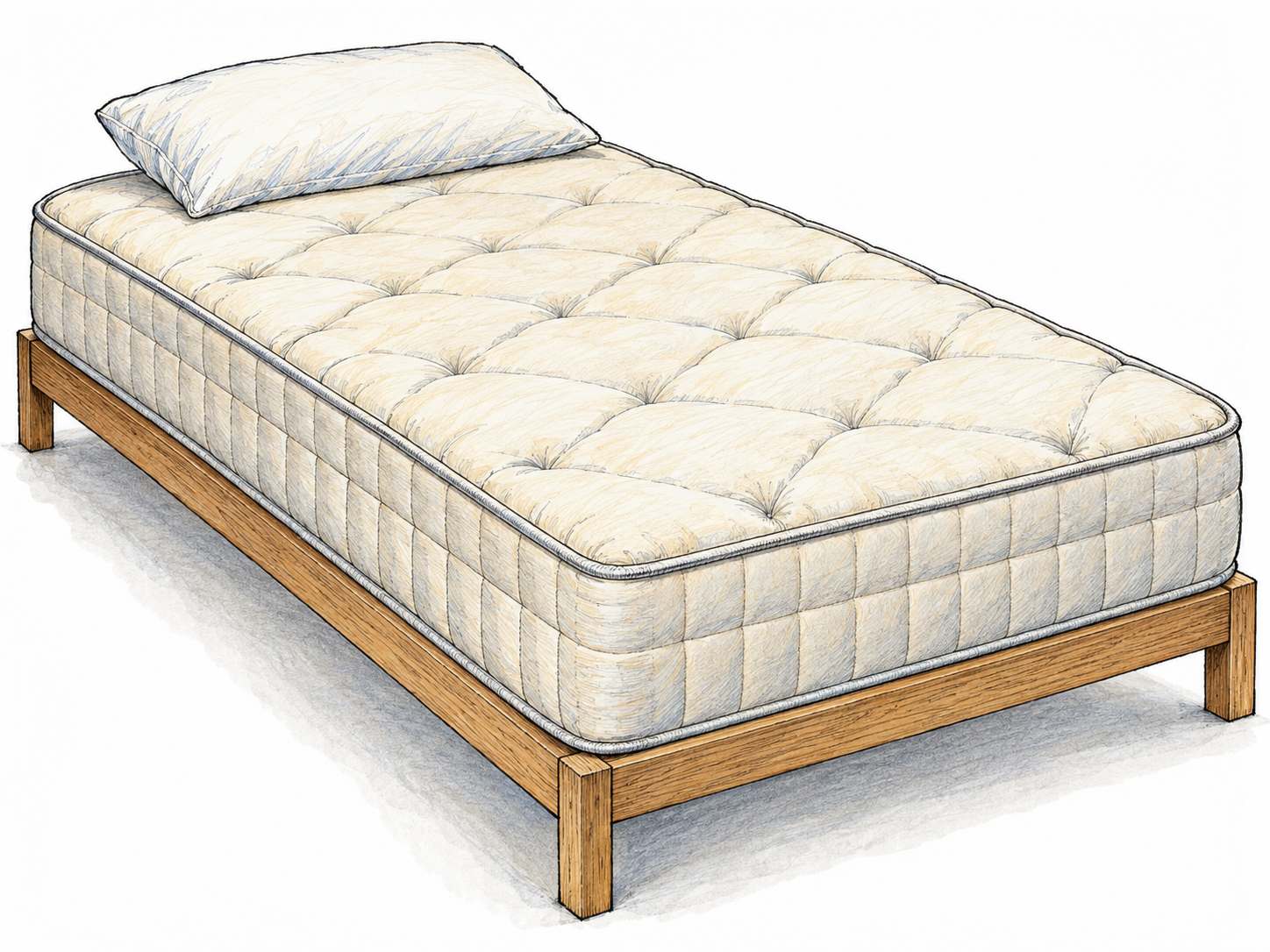 An uncovered, thick quilted mattress resting on a simple bed frame, with a single pillow at the head.