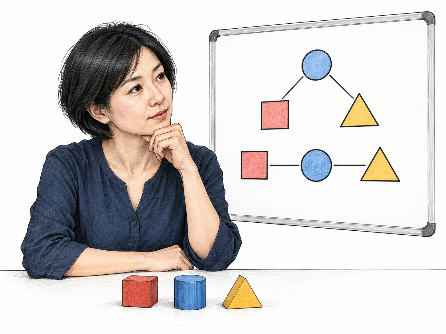 Woman thinks using simple connected circle/square/triangle relationships on blank board, concrete wooden blocks below set aside; focus abstract relationships, functional shapes only, no written words.