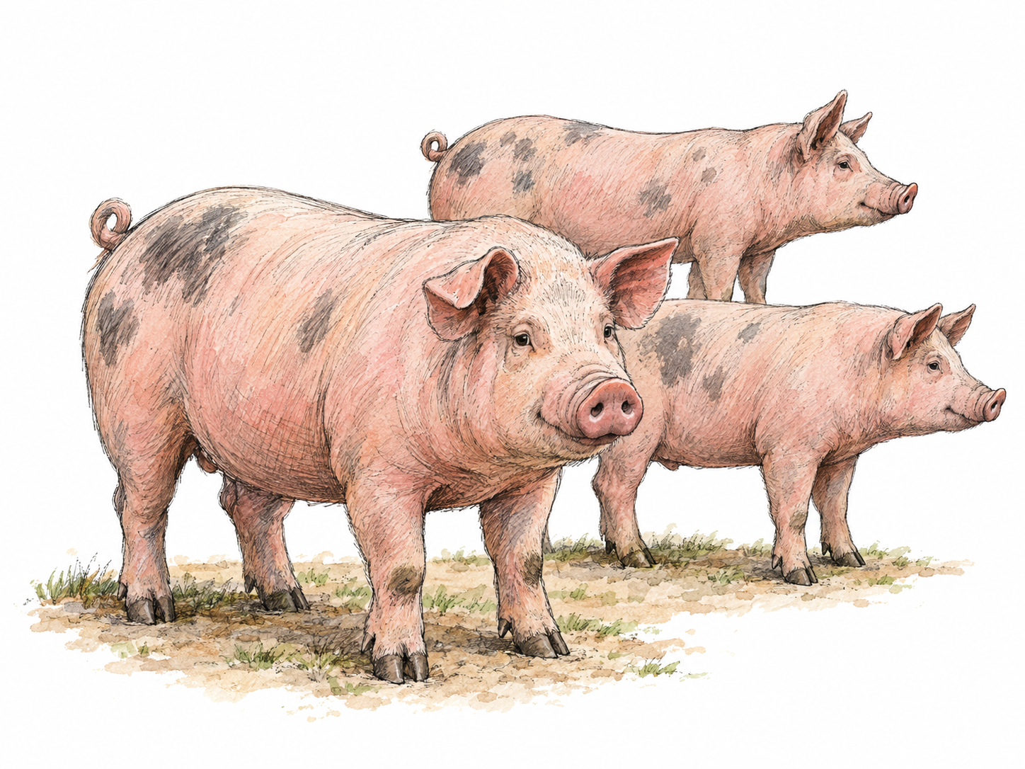 A small group of three domestic pigs standing together, with recognizable snouts, stocky bodies, cloven hooves and curled tails.