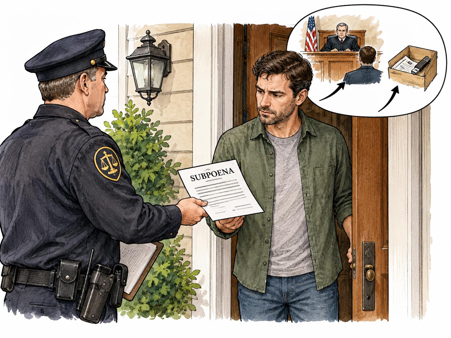 Court officer serves document titled SUBPOENA to adult at doorway.