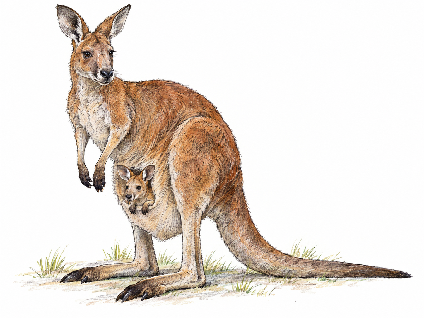 An adult female kangaroo standing in side-three-quarter view, with a small joey peeking naturally from her abdominal pouch, clearly illustrating a mammal whose young develop in a pouch.