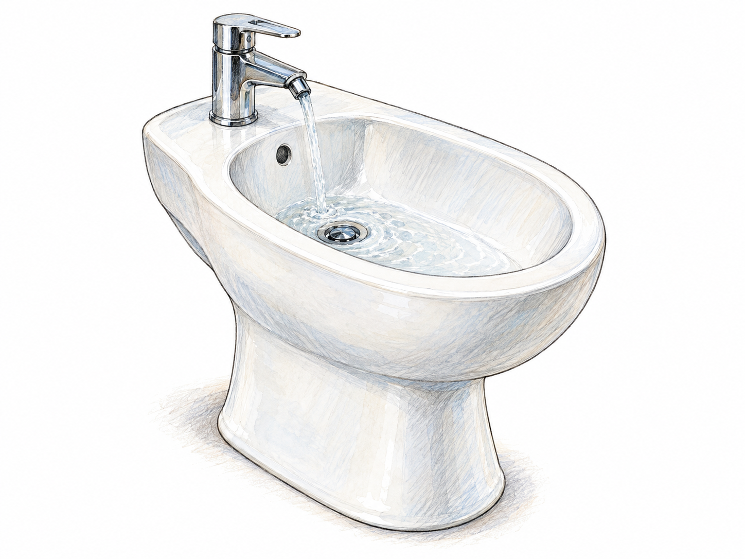An isolated freestanding ceramic bidet with a low oval washing basin, rear mixer tap, and visible drain; a short stream of water makes its washing function apparent without depicting a person.