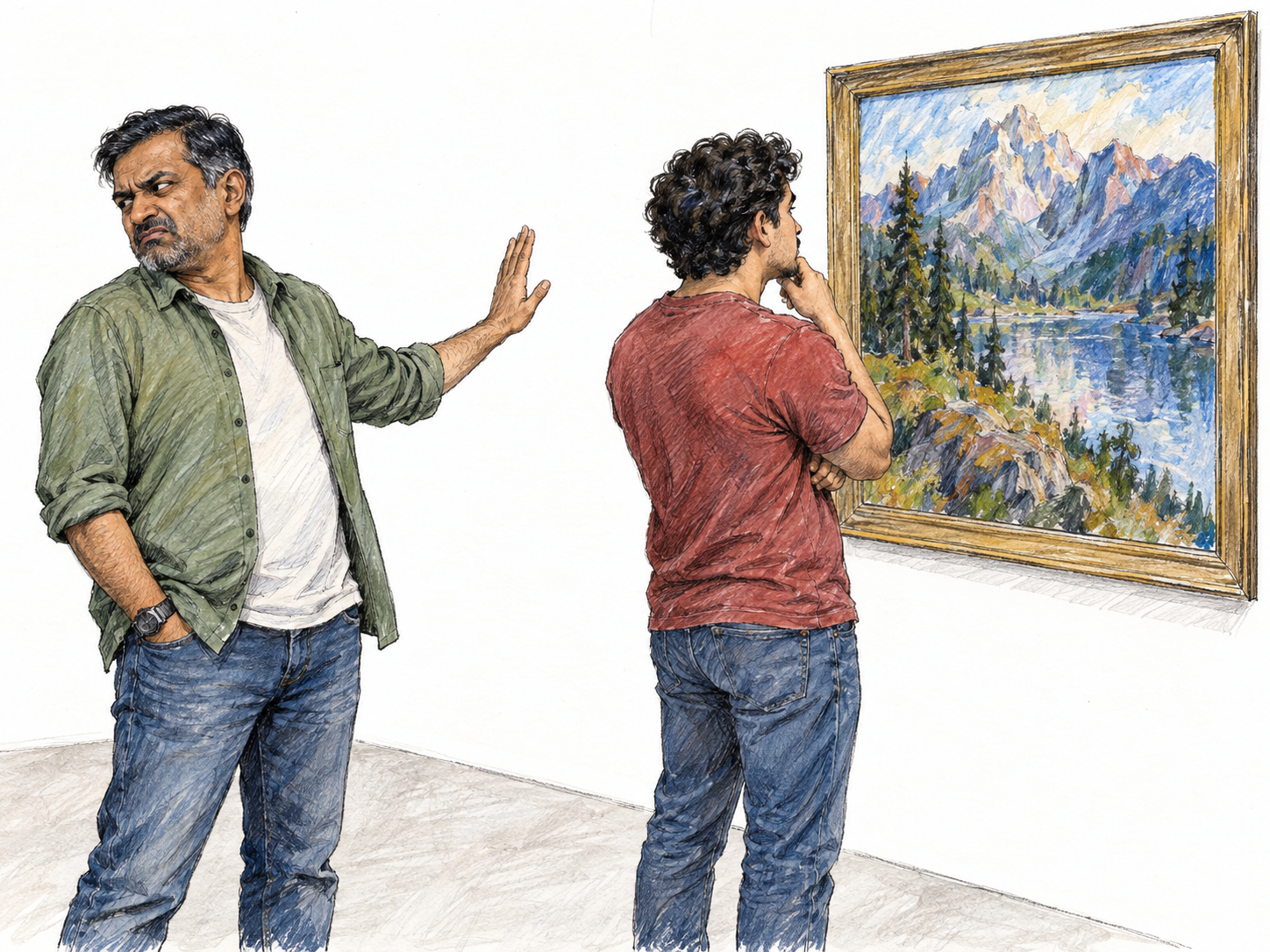 In a sparse contemporary art gallery, a visitor turns away from a framed painting with a dismissive wave while an attentive companion continues looking at it.