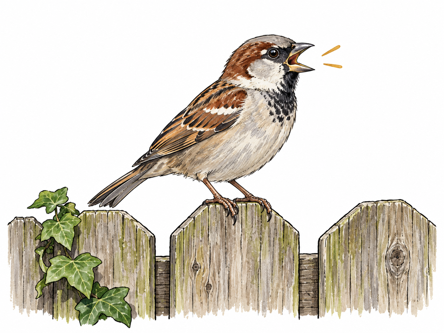 A sparrow perched on a plain garden fence opens its beak for a brief high-pitched call, two small sound marks, no people or letters.