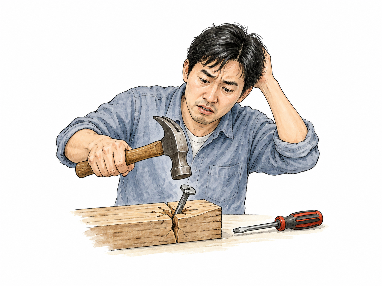 Person mistakenly tries to drive a slotted screw into wood with a hammer instead of turning it, screw tilts and wood splits; unused screwdriver lies nearby, no injury.
