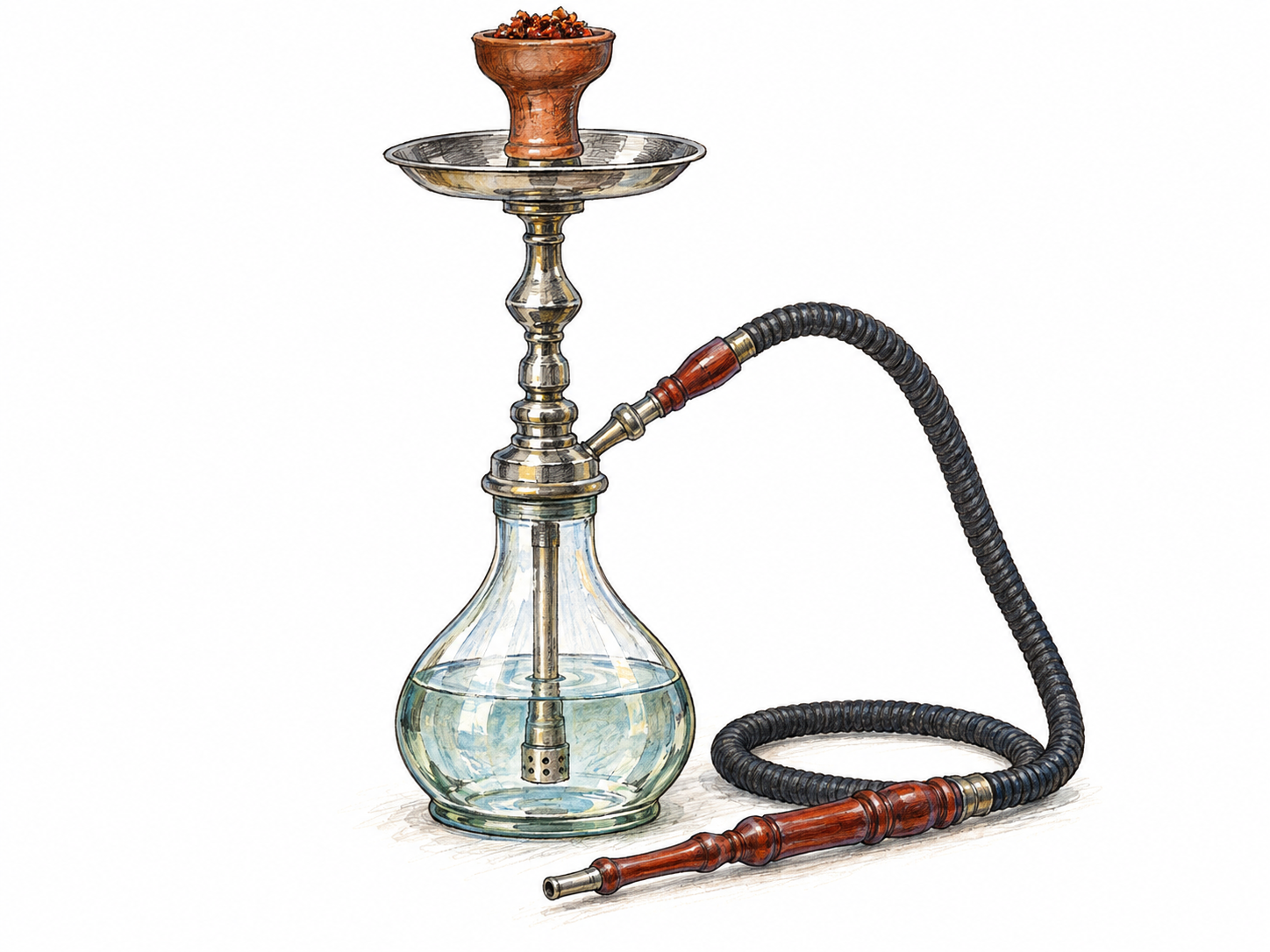An isolated hookah with its recognizable tobacco bowl, metal stem, water-filled glass base, flexible hose, and mouthpiece clearly visible.