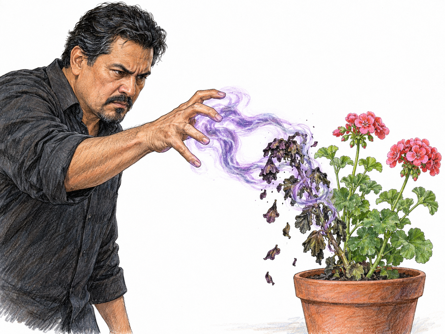 A man casts a visibly destructive spell at a flowering plant: a twisting violet stream connects his outstretched fingers to blossoms that blacken and crumble where it strikes.