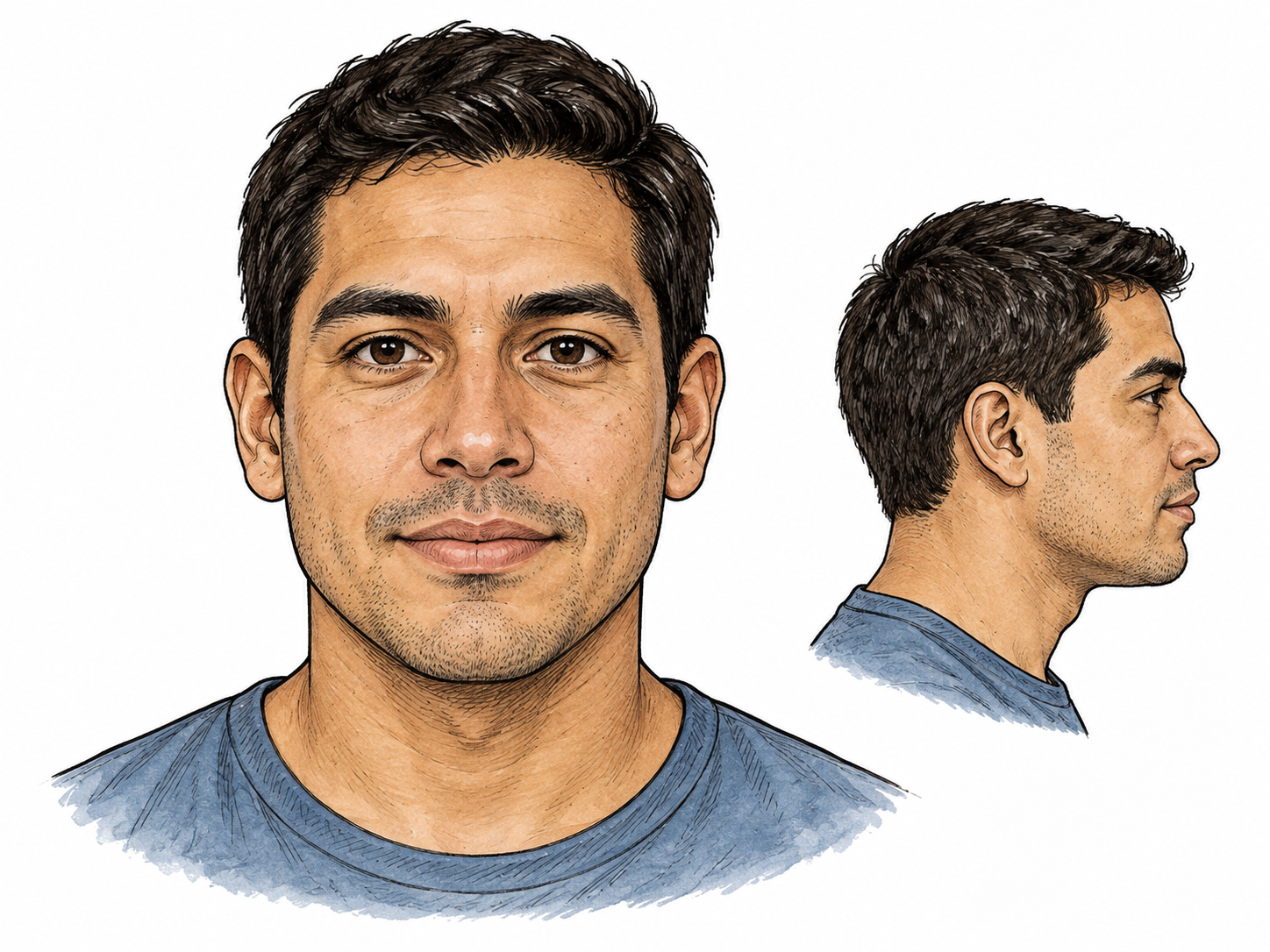 A naturally drawn human head shown directly from the front beside a small side-view outline for contrast; facial front is the central cue, no medical labels.