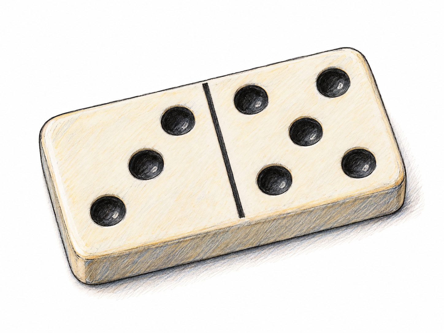 One ivory rectangular domino tile, shown large in a shallow three-quarter view, with a central dividing line and clearly arranged black pips.