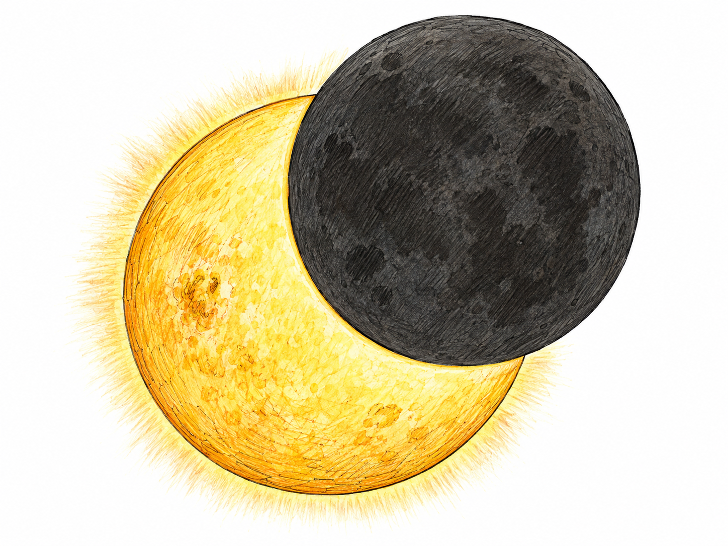 A close view of a partial solar eclipse: the Moon's dark circular silhouette overlaps most of the Sun, leaving a bright golden crescent visible.