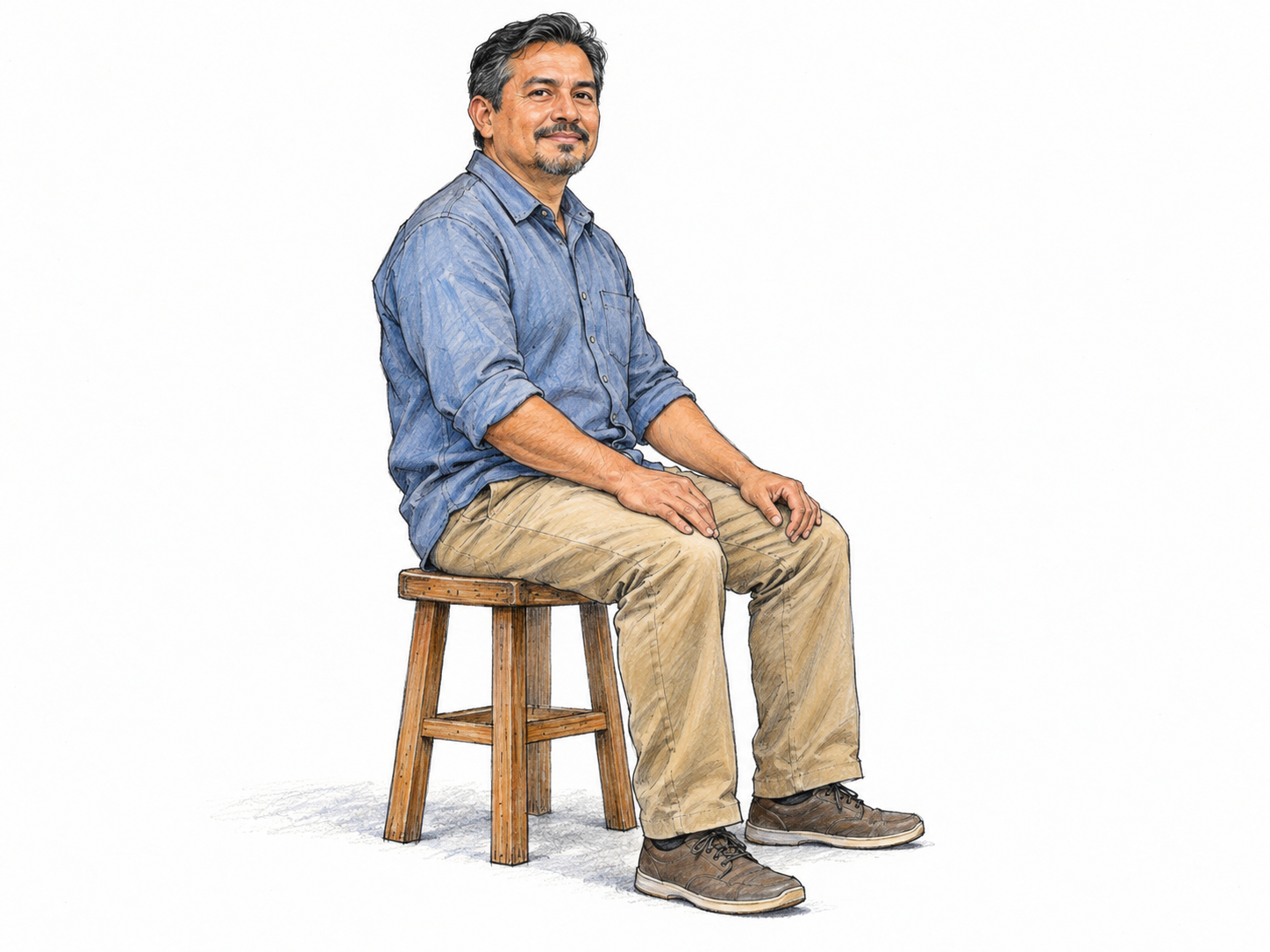A middle-aged man rests on a simple backless stool, shown in three-quarter side view so that his buttocks visibly bear his weight on the seat, with bent knees and both feet on the ground.