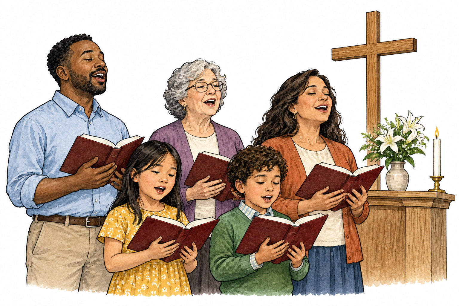 A small diverse congregation sings from an open sacred hymnbook in a simple worship space, no readable verse.