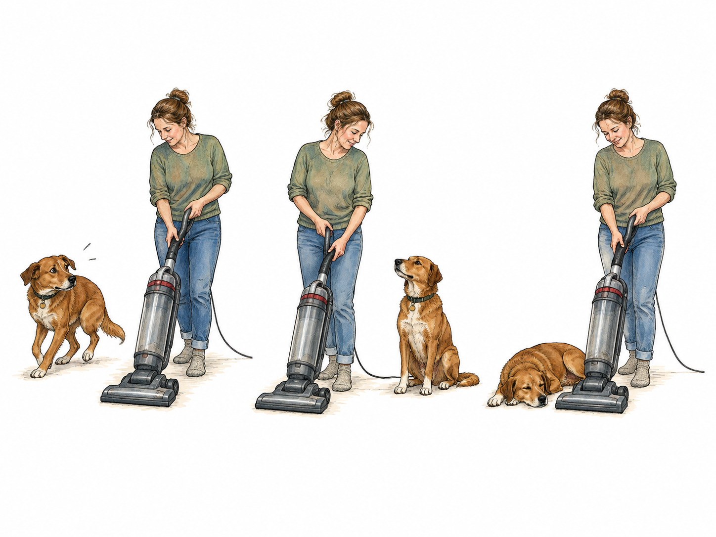 Same dog and same person in three scenes near ordinary running vacuum: dog initially retreats, later sits calmly, finally sleeps while vacuum remains; becoming accustomed clear.