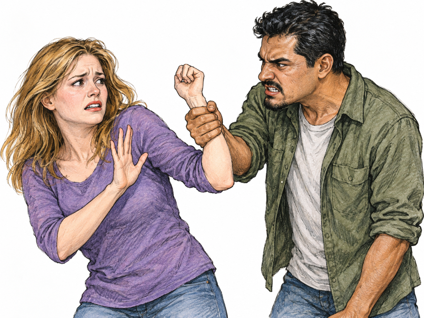 A man angrily grabs and twists the woman's wrist while she recoils and raises her other hand defensively; no visible injury or blood, non-graphic depiction clearly showing harmful treatment rather than romance.
