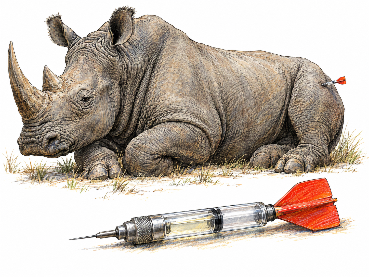 A tranquilizer dart beside a rhinoceros resting quietly with a matching dart lodged superficially in its muscular hindquarter, making the drug-delivery object and its calming effect visible together.
