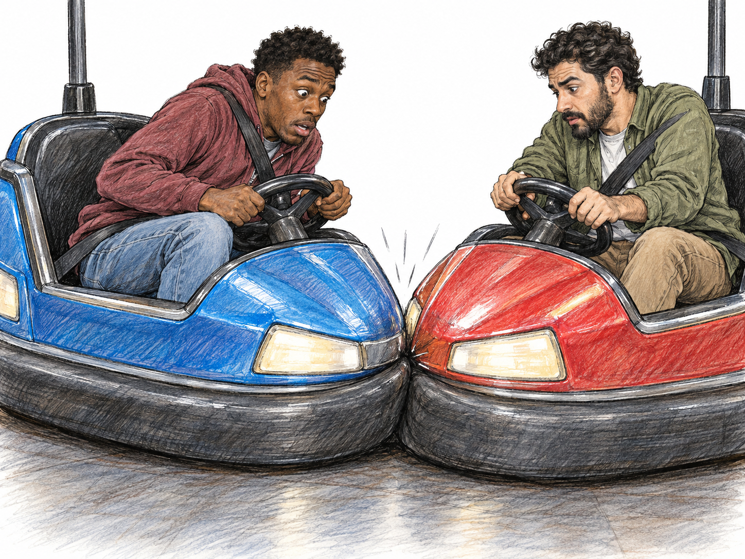 A bumper-car collision delivers a sudden physical jolt: the rubber bumpers visibly compress while one driver's upper body pitches forward against his safety belt.