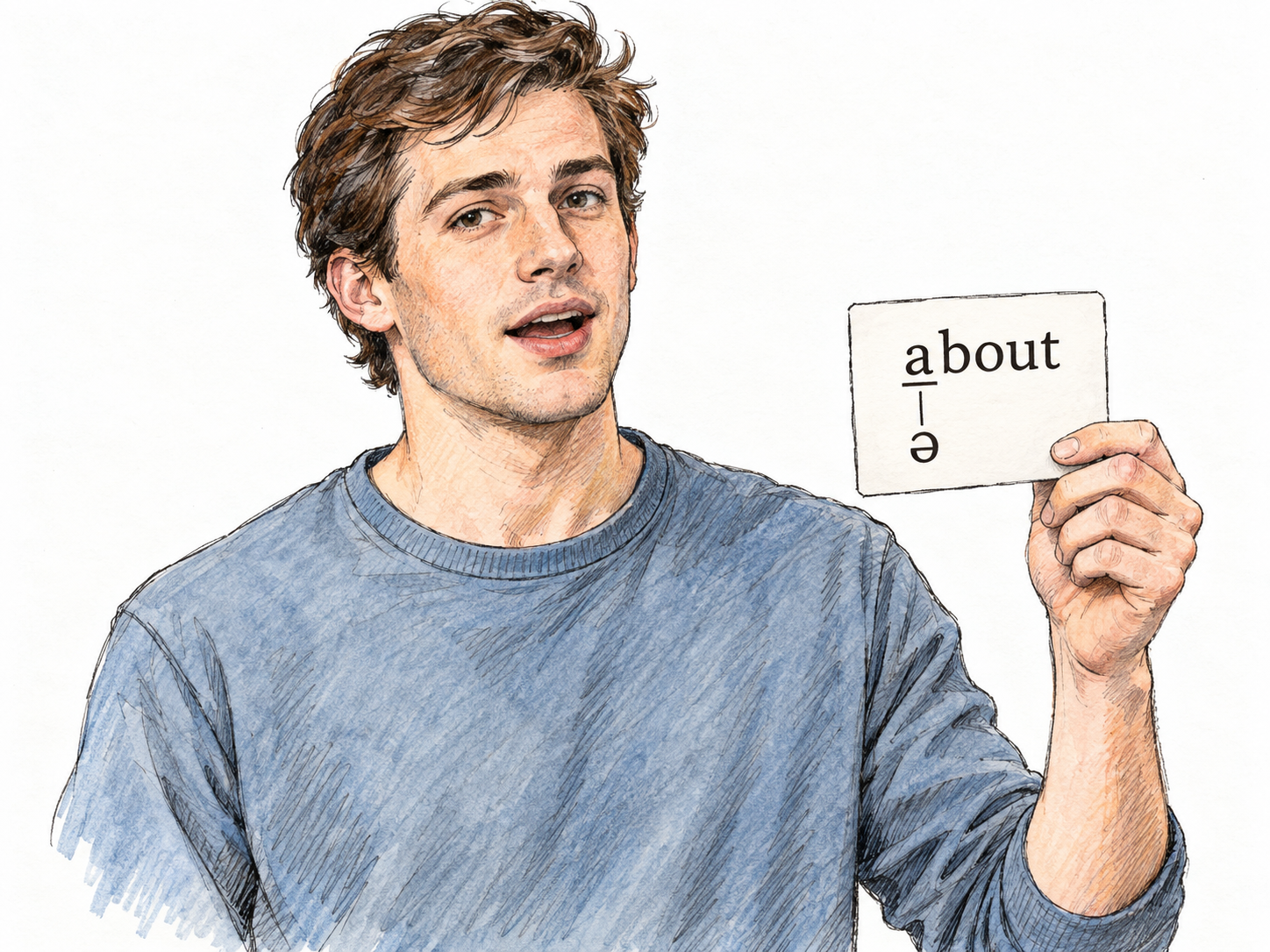 A young adult man practices saying “about,” holding a small pronunciation card that links its unstressed initial “a” to the schwa symbol ə.