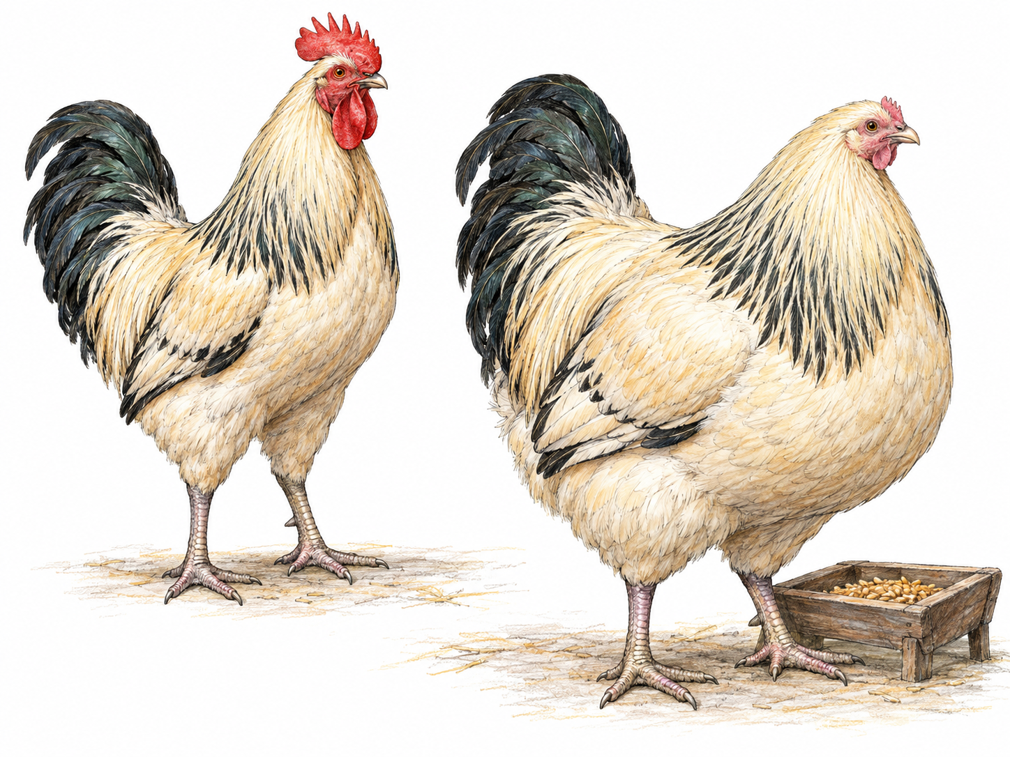 A mature capon beside an intact rooster of the same breed: the capon has a conspicuously broad, heavy meat-bearing body, small pale comb and wattles, and retained male plumage.