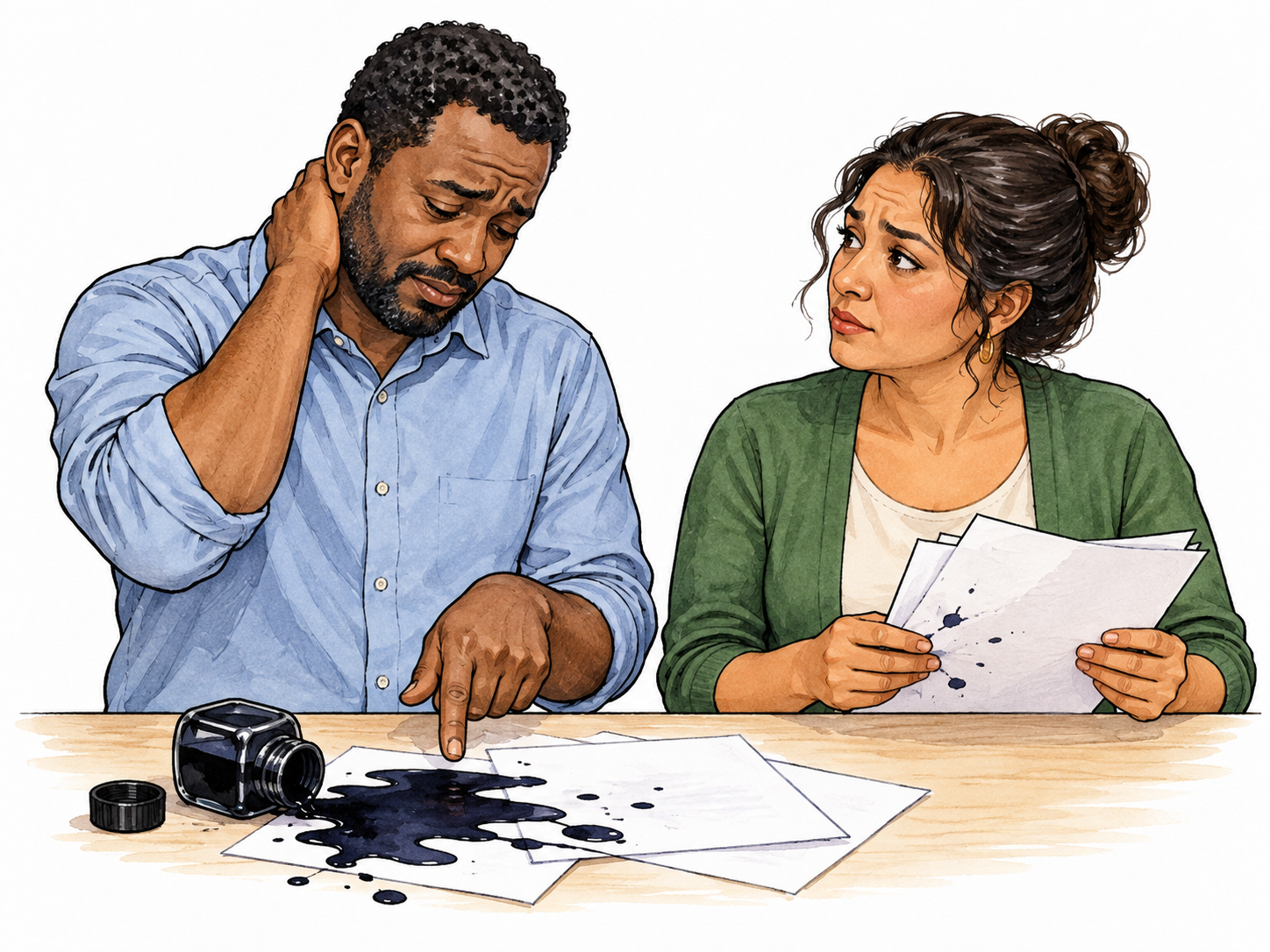 Two adults converse; one ashamed person points at spilled ink they caused on another's work, listener receives admission; no writing.