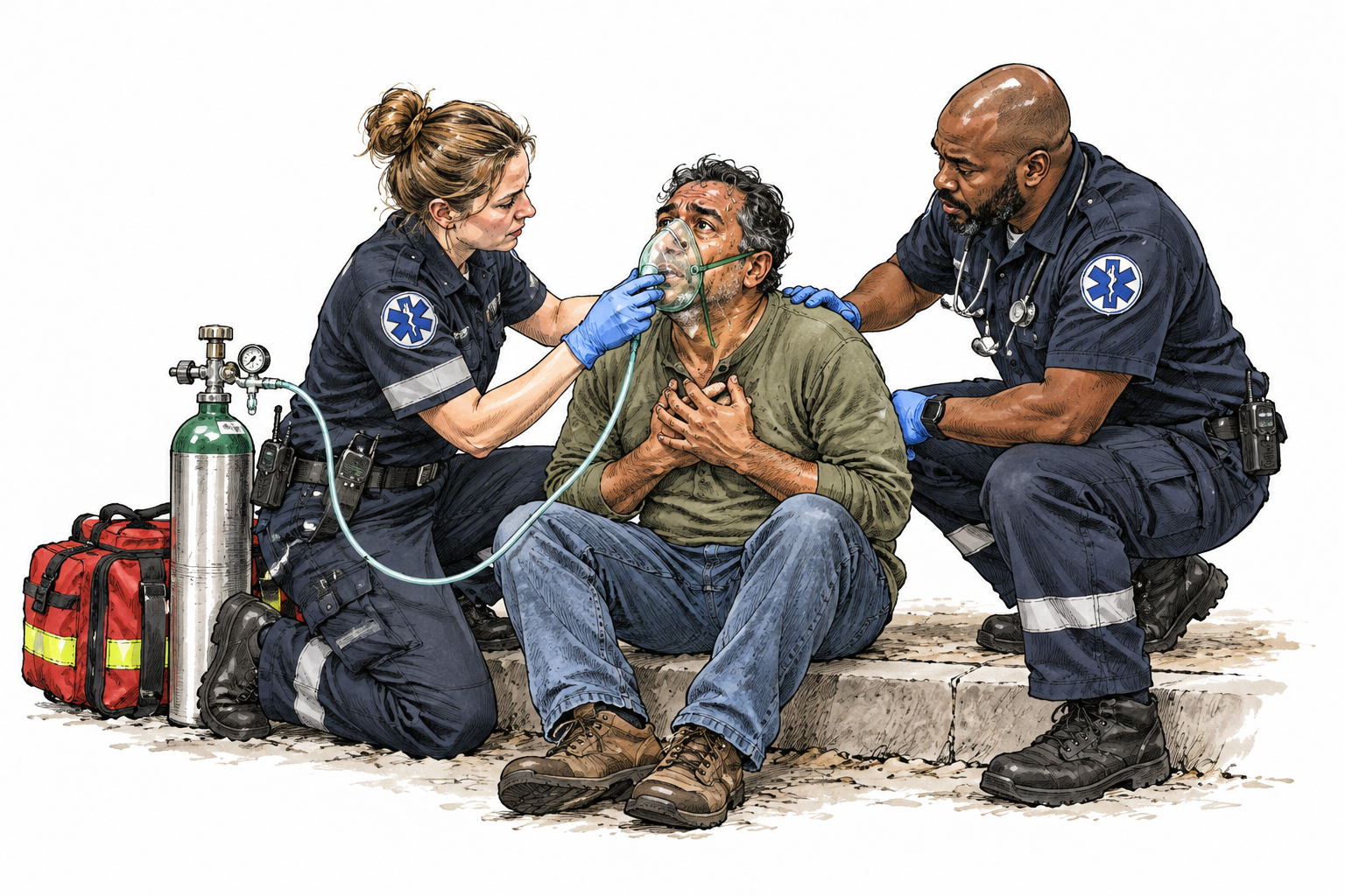 Paramedics assist a seated adult in respiratory distress with an oxygen mask, non-graphic rescue context.