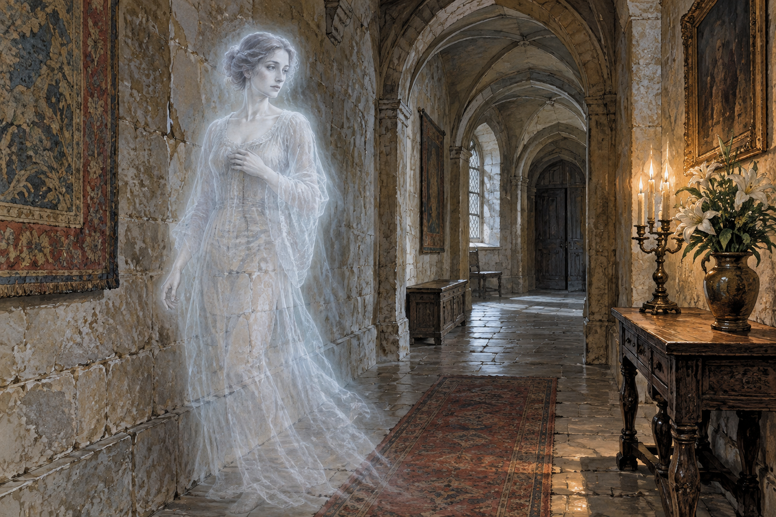 A pale ghostly human apparition softly glows in a quiet old corridor, translucent edges allow wall texture through, no frightening violence.