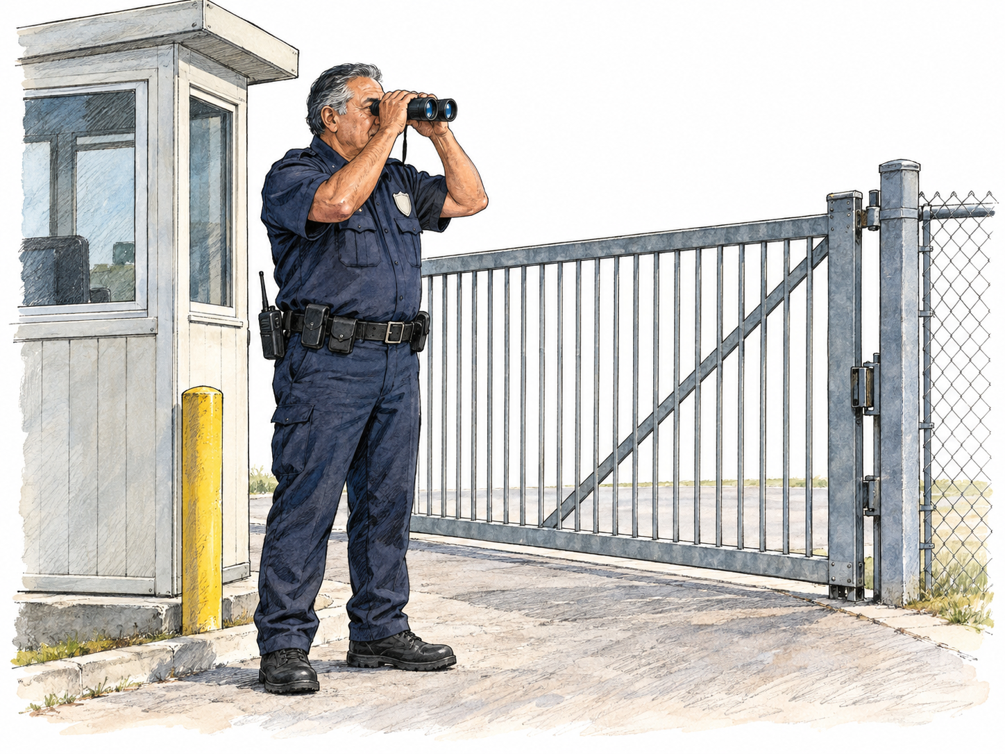 A uniformed guard stands alone at a secured perimeter gate, scanning the approach through binoculars beside a small guard booth.