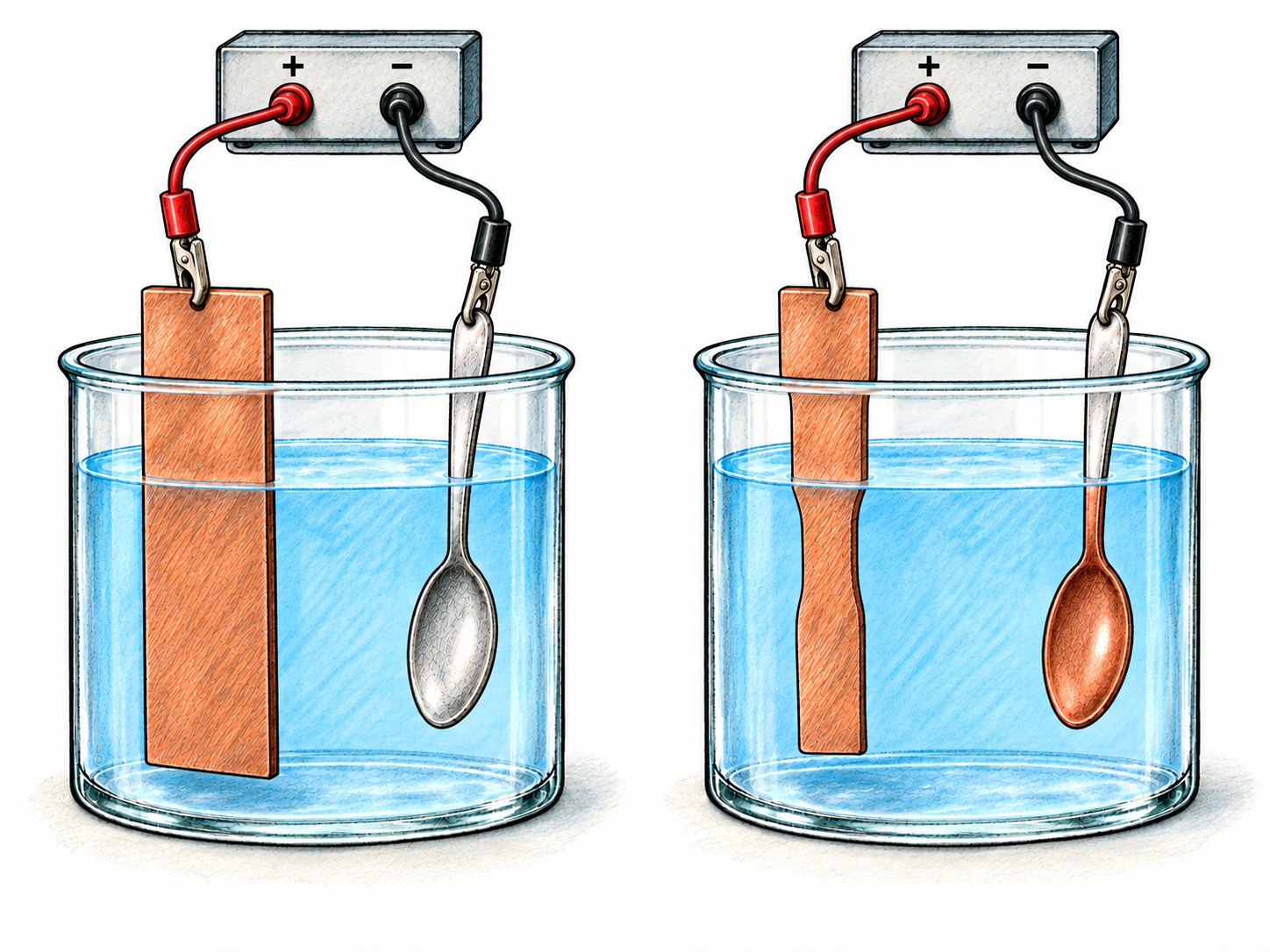 Anode shown through copper electroplating: a connected copper electrode loses metal while a spoon at the other electrode gains a copper coating.