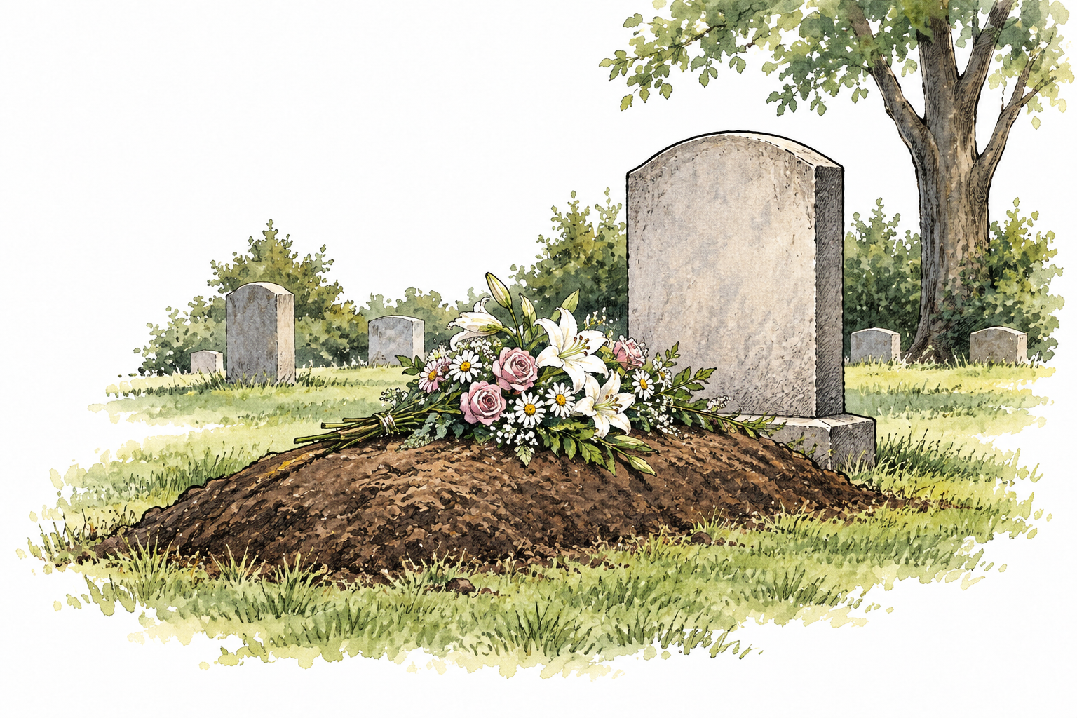 A quiet burial grave in a cemetery with plain unlettered headstone and flowers, respectful, no exposed remains.