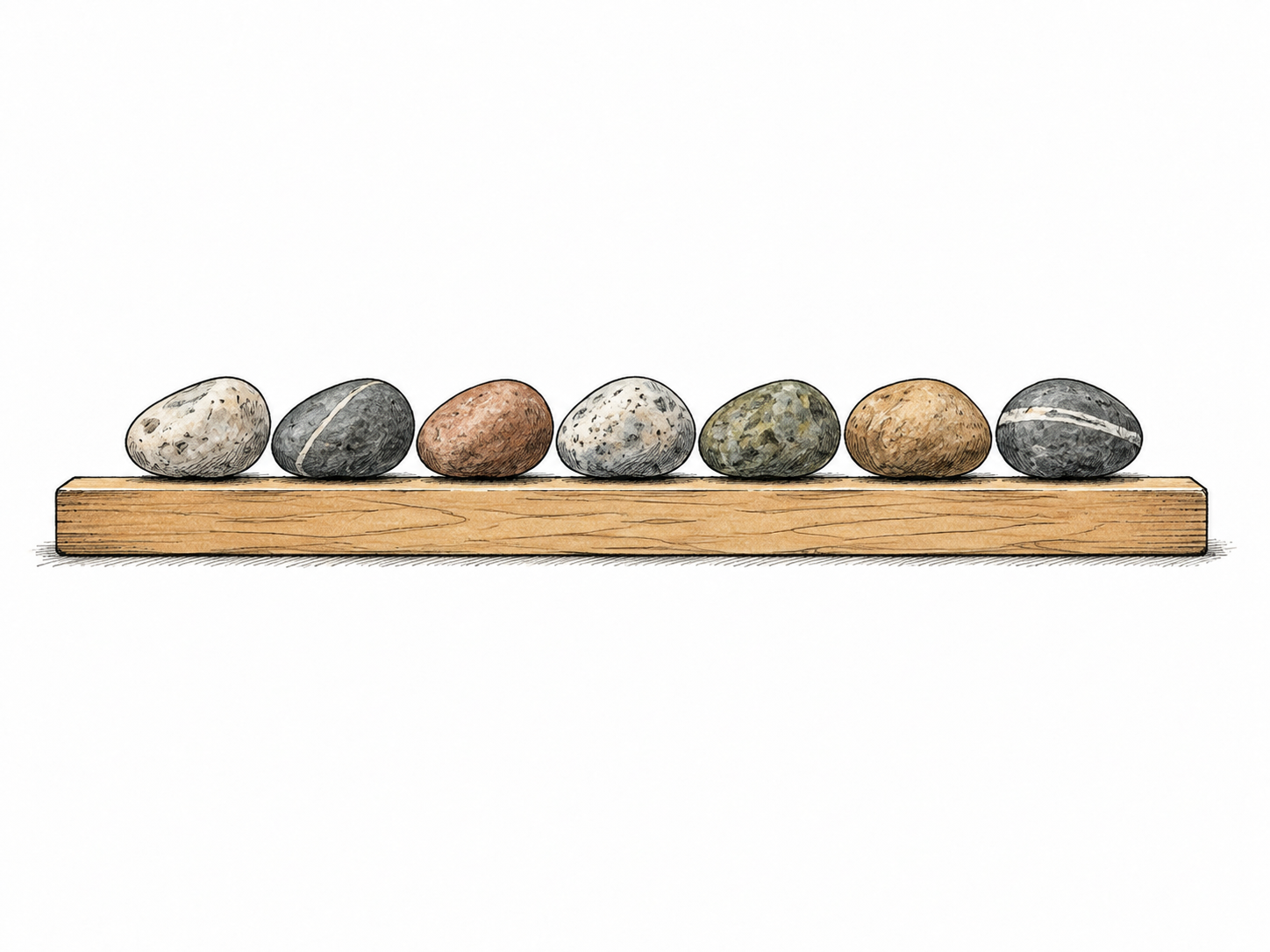 A short straight row of exactly seven smooth pebbles on white paper, with generous unmistakably empty space beyond both ends.