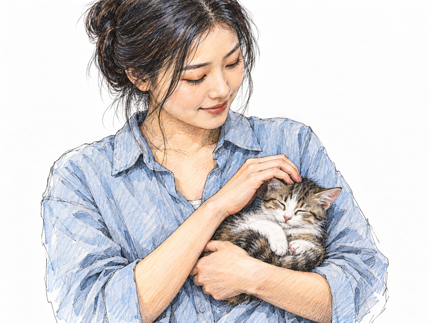 A young adult woman gently cradles a small sleeping kitten, showing tenderness through her relaxed hands and careful touch.