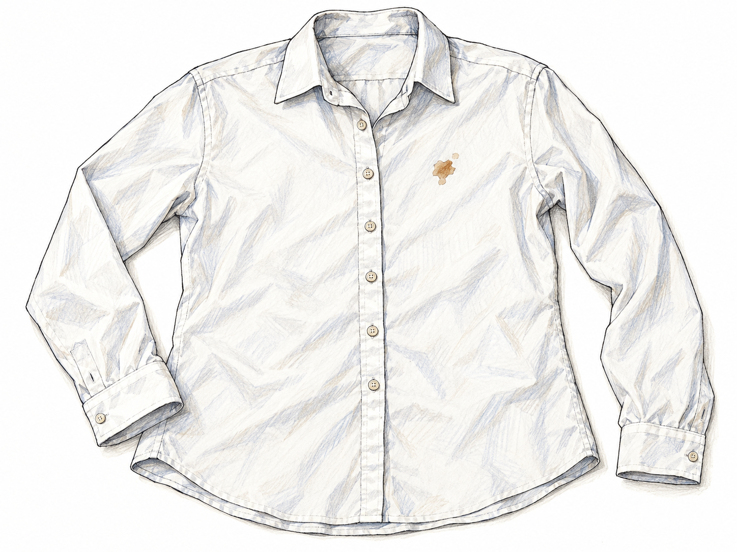A single small brown stain on an otherwise clean white cotton shirt, illustrating the concrete mark-or-stain sense of spot.