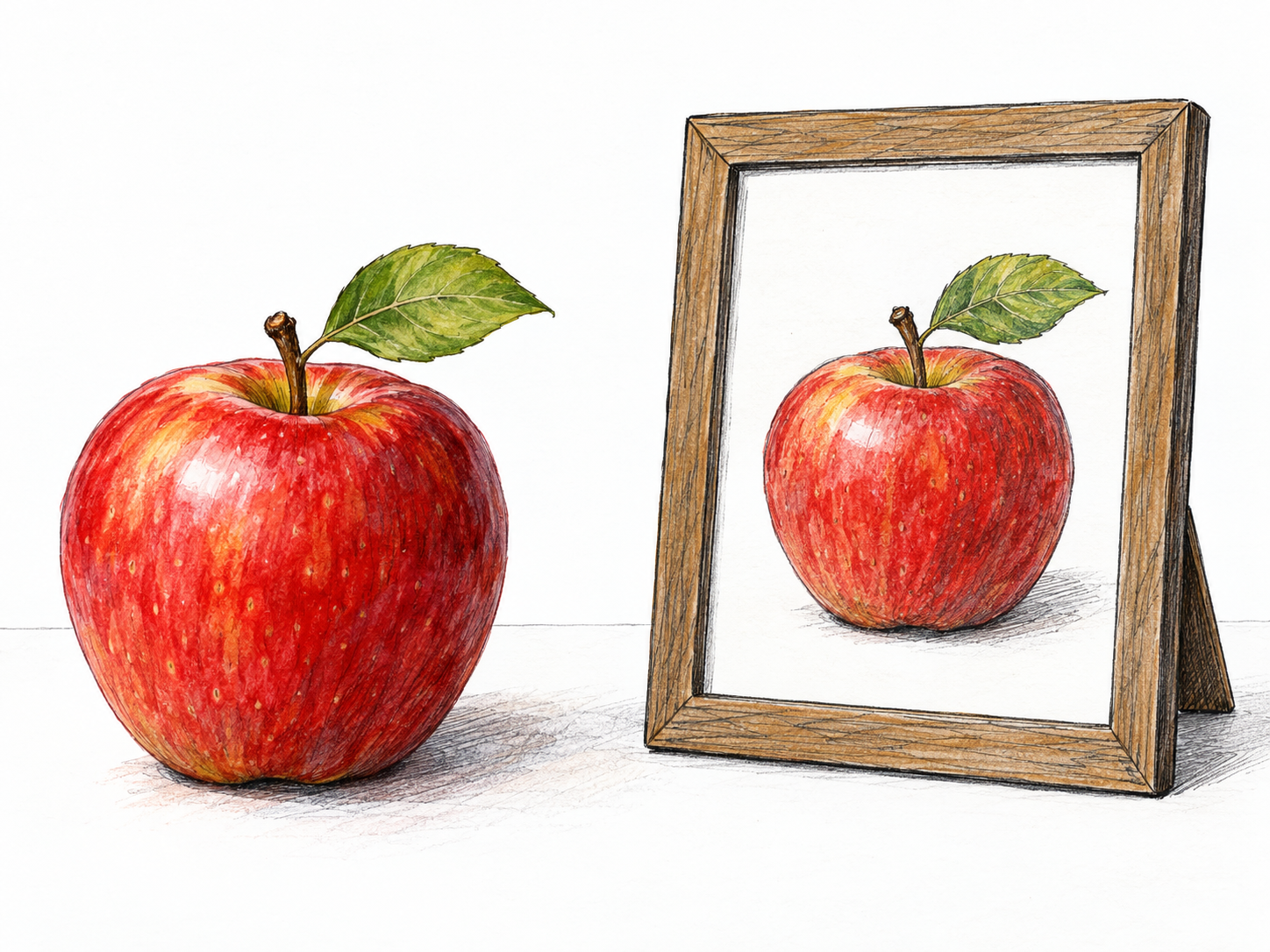 A red apple with a green leaf sits beside a small upright framed picture depicting the same apple and leaf.