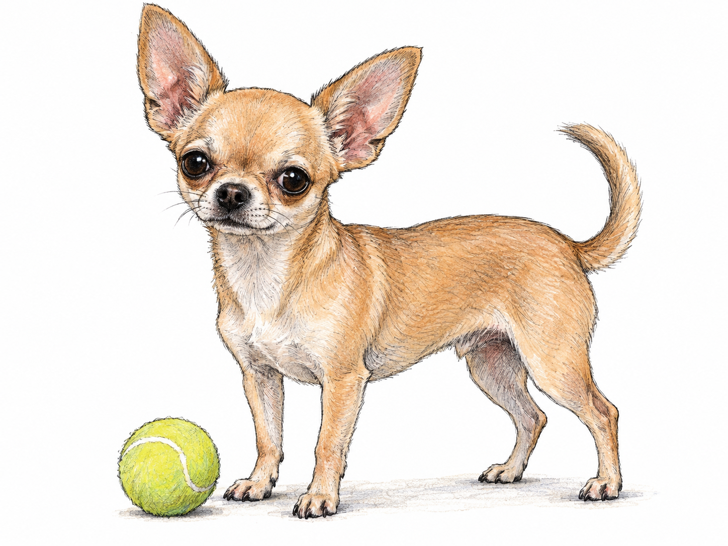 A tiny adult smooth-coated Chihuahua standing beside a plain tennis ball for scale, with its oversized upright ears, rounded head, short muzzle and delicate legs clearly visible.