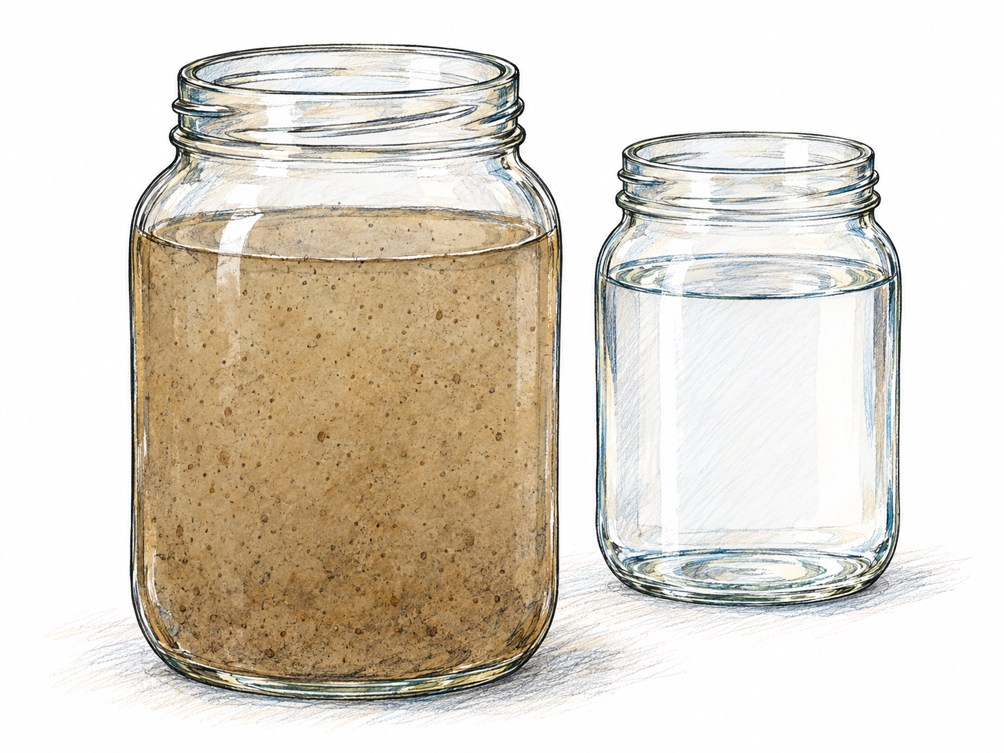 A clear glass jar filled with cloudy brown water, with fine muddy particles visibly suspended throughout; a smaller matching jar of clear water beside it provides an immediate contrast.