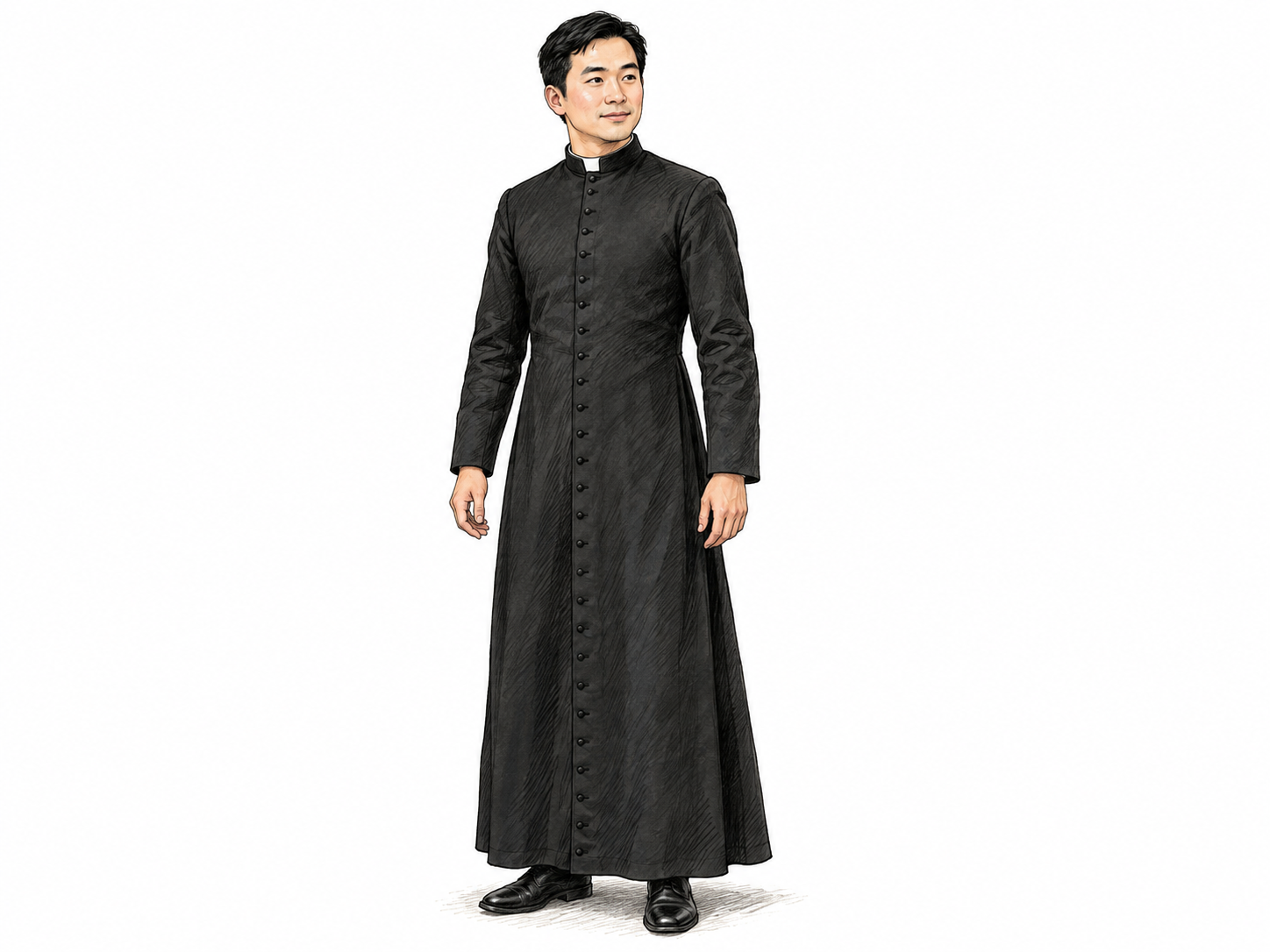 Full-length view of a priest wearing a plain black cassock, clearly showing its close-fitting torso, continuous front buttons and ankle-length skirt.