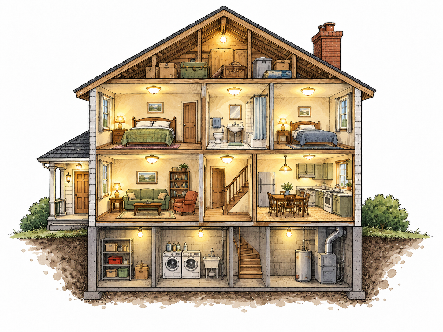 Warm lamps illuminate every room in a cutaway house, coverage throughout the whole building.