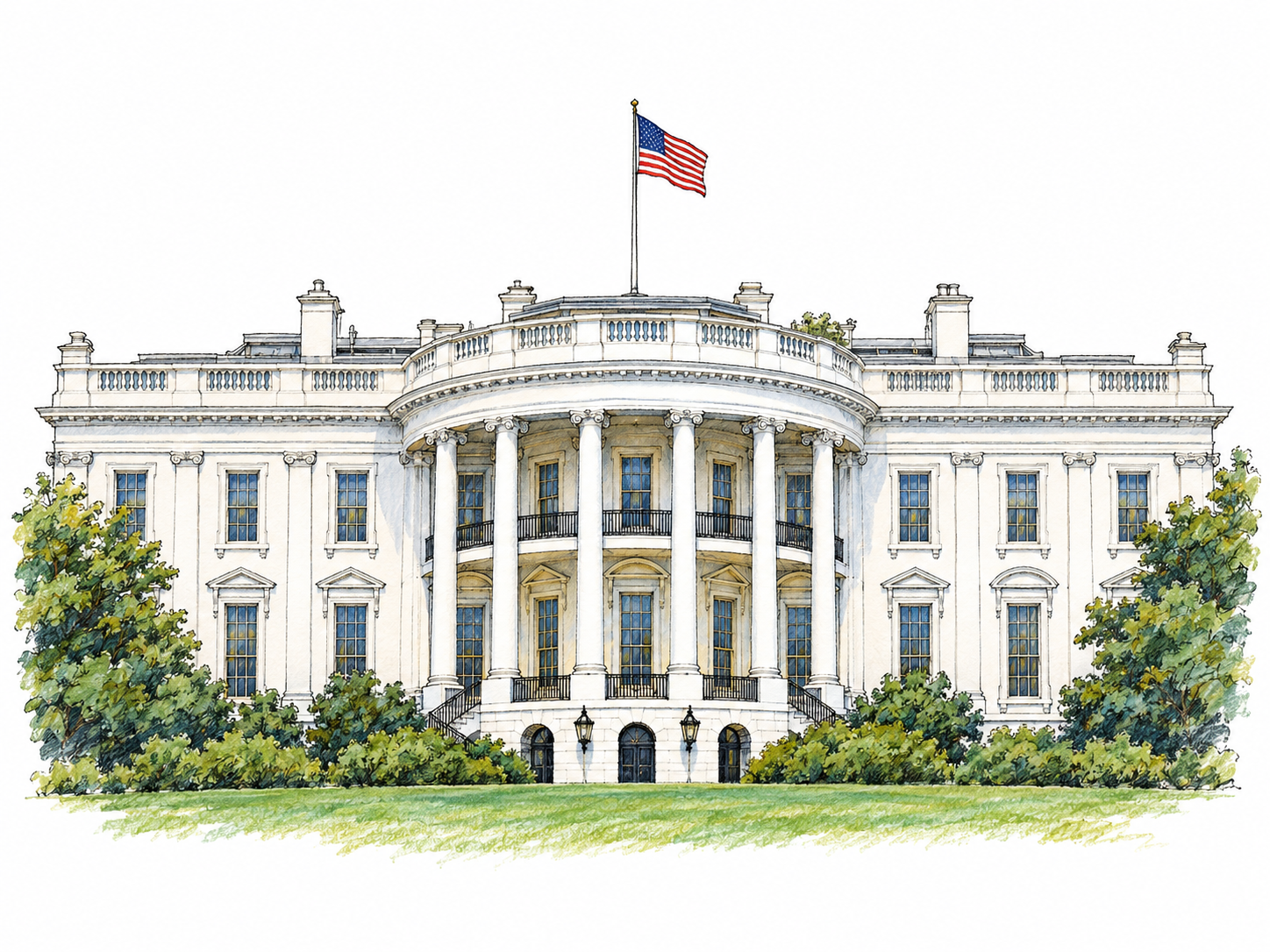 The White House as a recognizable presidential residence and workplace, shown through its distinctive south façade and curved columned portico.