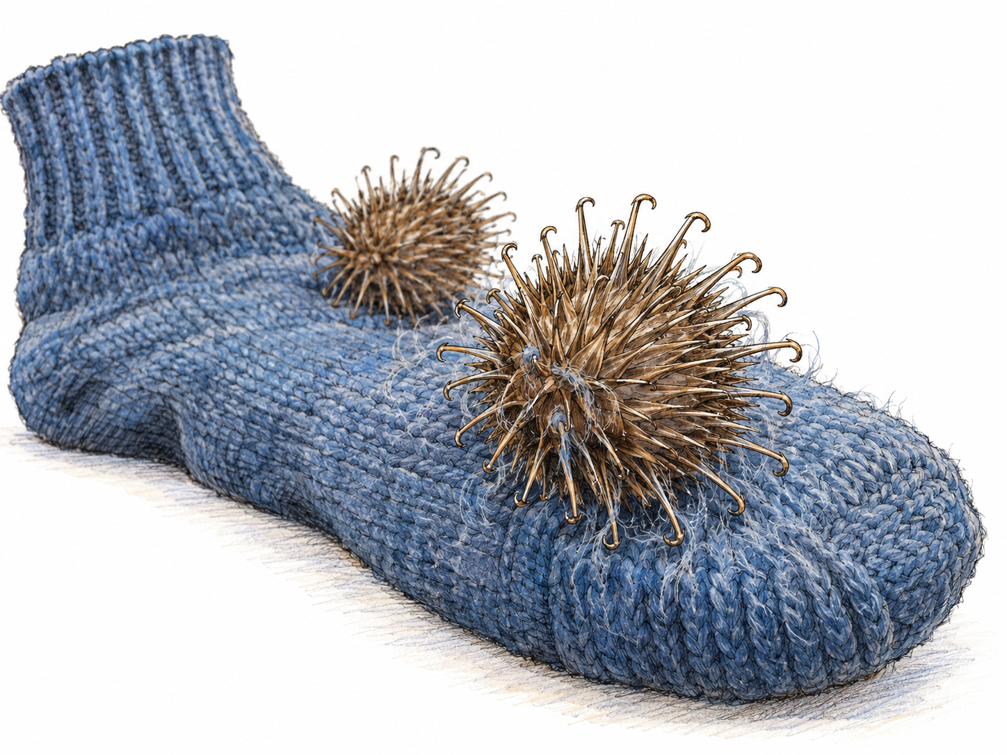 Close-up of prickly burdock seed cases caught firmly in the fibers of a plain wool sock, with visibly hooked spines demonstrating how they cling.