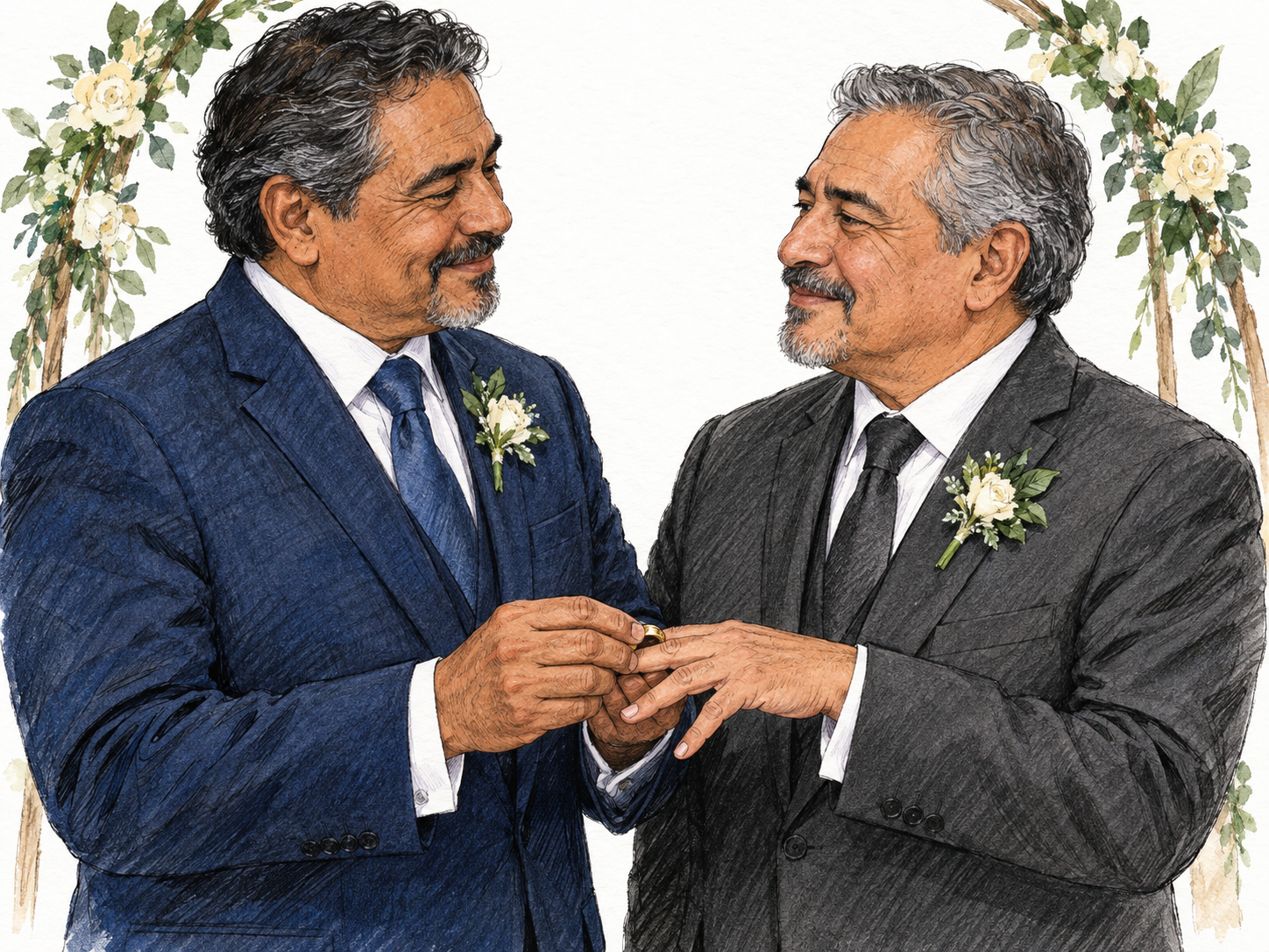 Two similarly aged adult male grooms exchange a wedding ring, visibly expressing romantic commitment to each other.