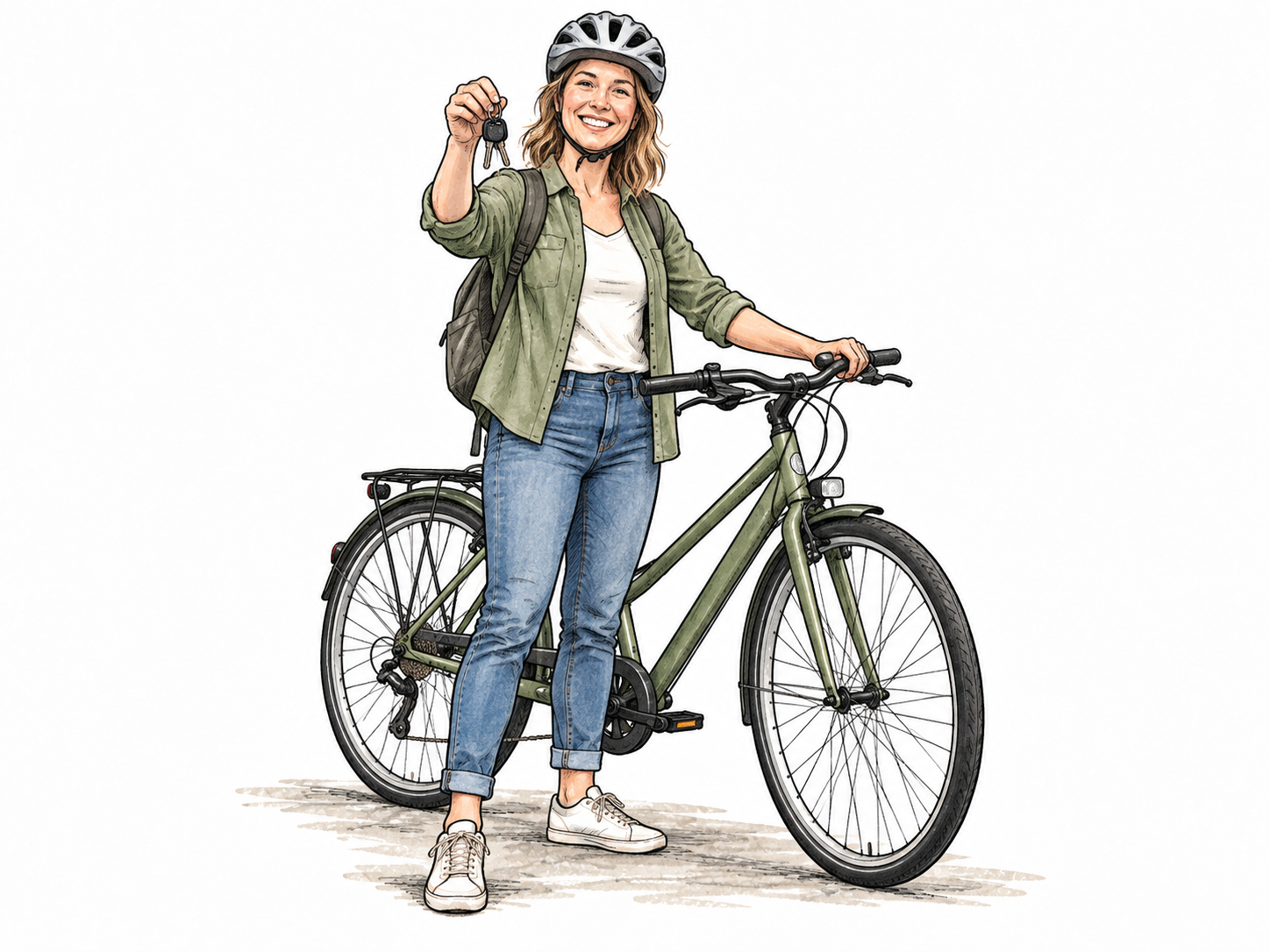 An adult white woman proudly holds the keys to her own bicycle, resting one hand on its handlebar, helmet and bicycle matching her everyday use.