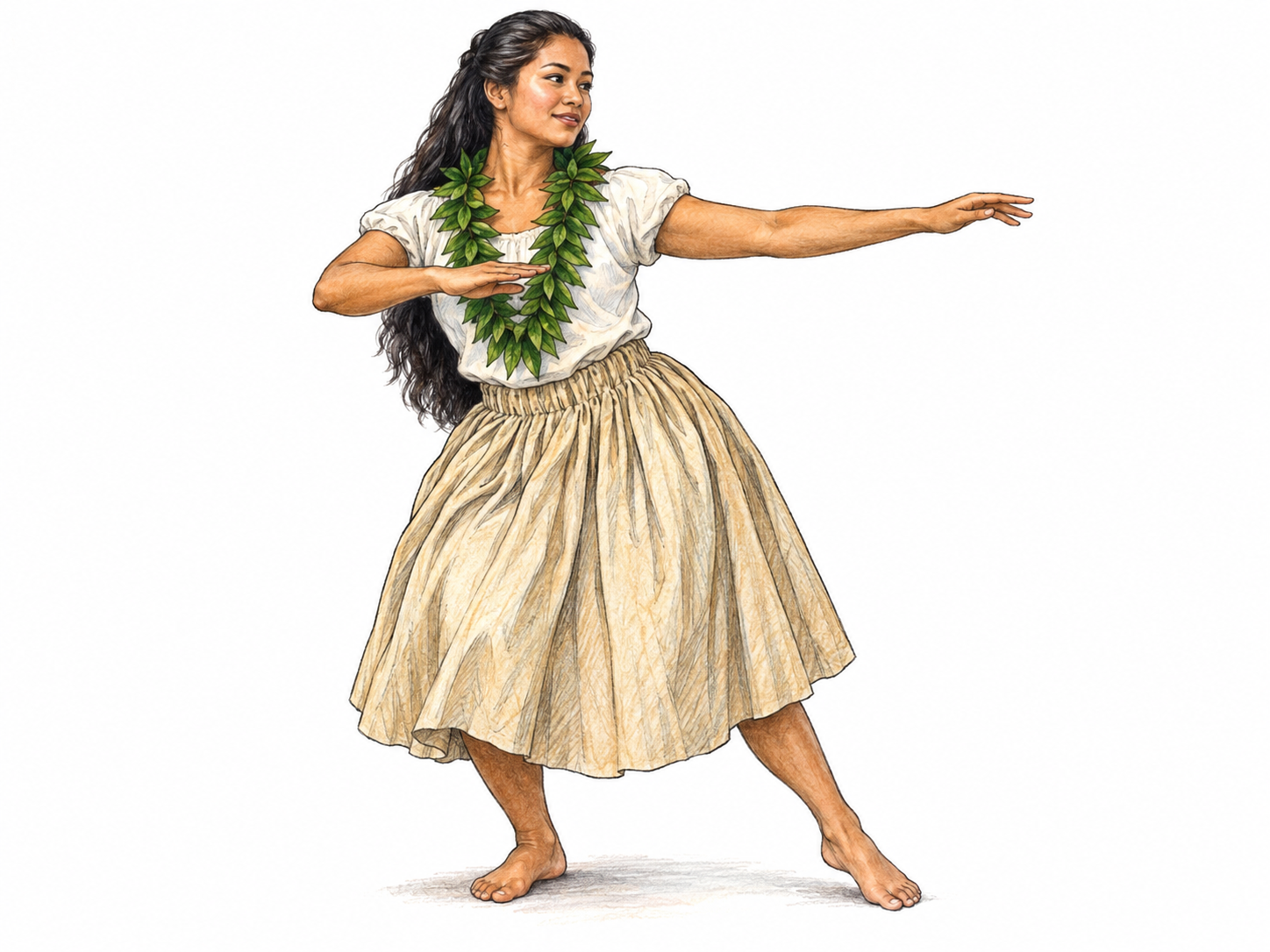 A Native Hawaiian hula dancer in a clearly readable bent-knee, weight-shifting stance, with gracefully extended hands and a simple lei and pāʻū skirt identifying the dance tradition.