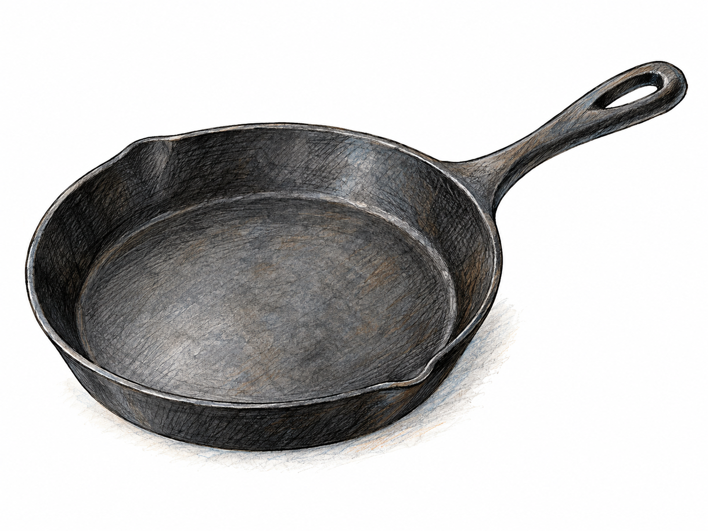 A single shallow cast-iron frying pan with a clearly visible long handle, viewed obliquely from above.
